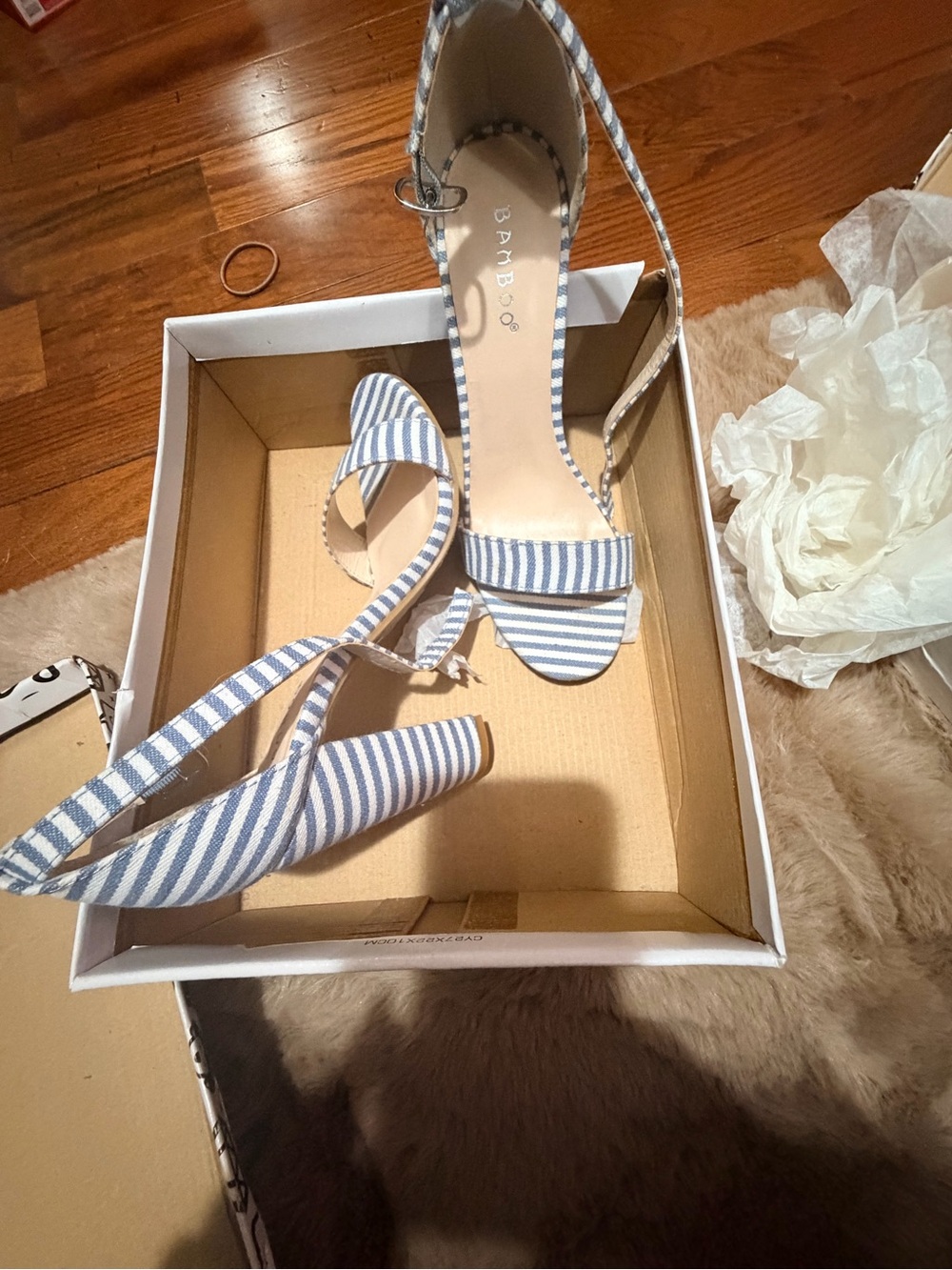 BAMBOO Blue and White Striped Ankle-Strap Block Heel Sandals
